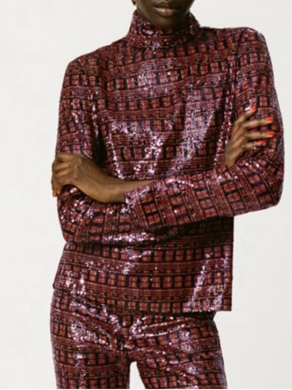 Sequined Burgundy High-Neck Top and Pants Set
